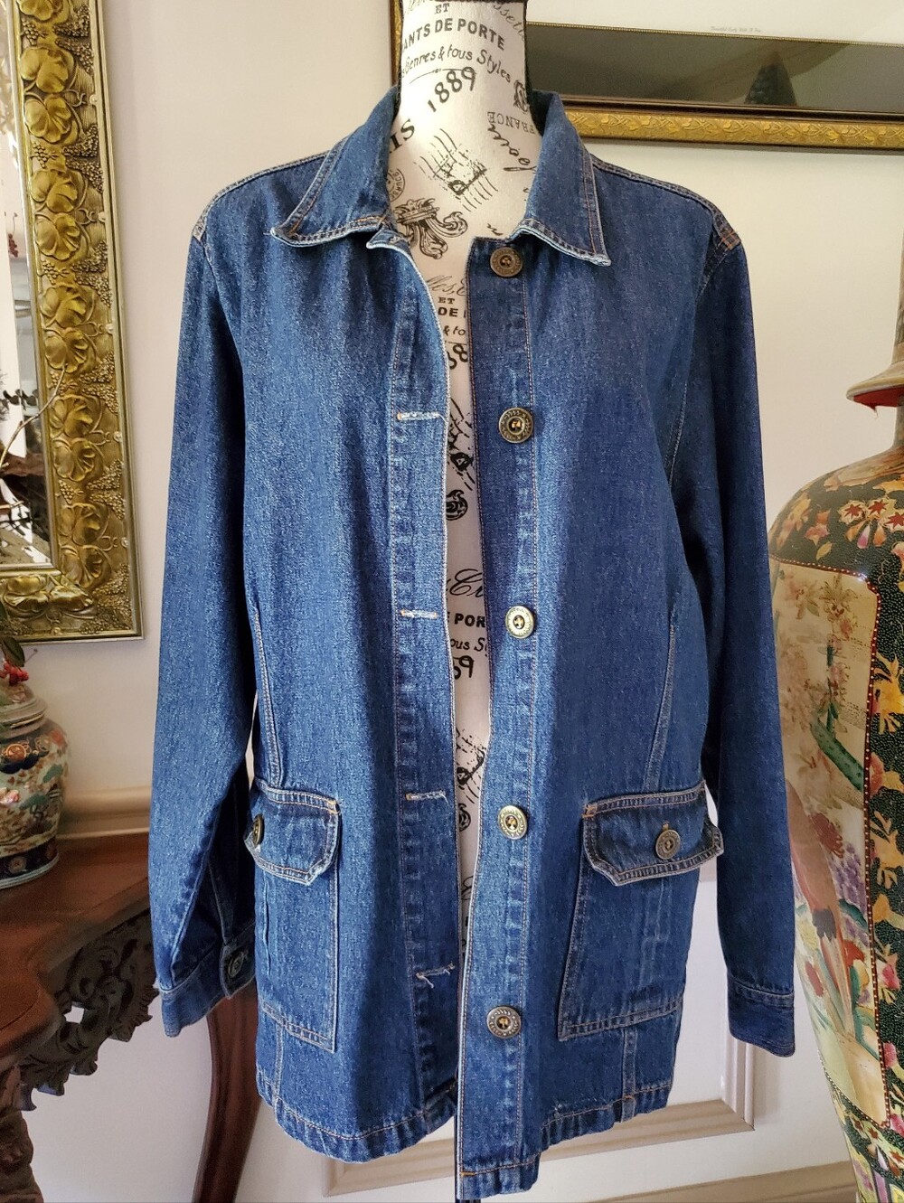Vintage Baccini 100% Cotton Denim Longline Chore Jacket Western Cottagecore XL